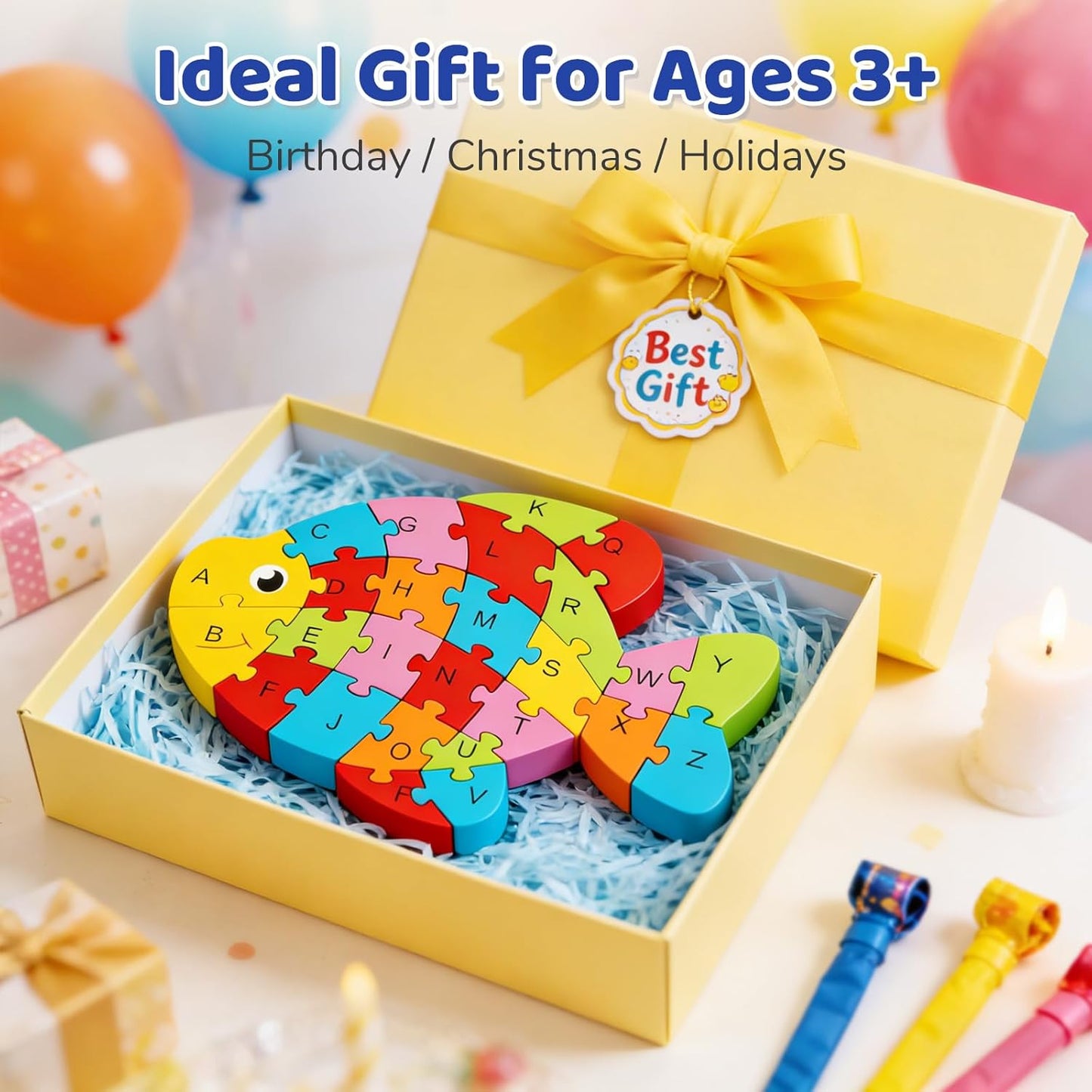 LovesTown Wooden Puzzles for Kids, Double Sided Giraffe Jigsaw with Alphabet & Numbers, Montessori Educational Toy for Toddlers, Chunky Animal Gift