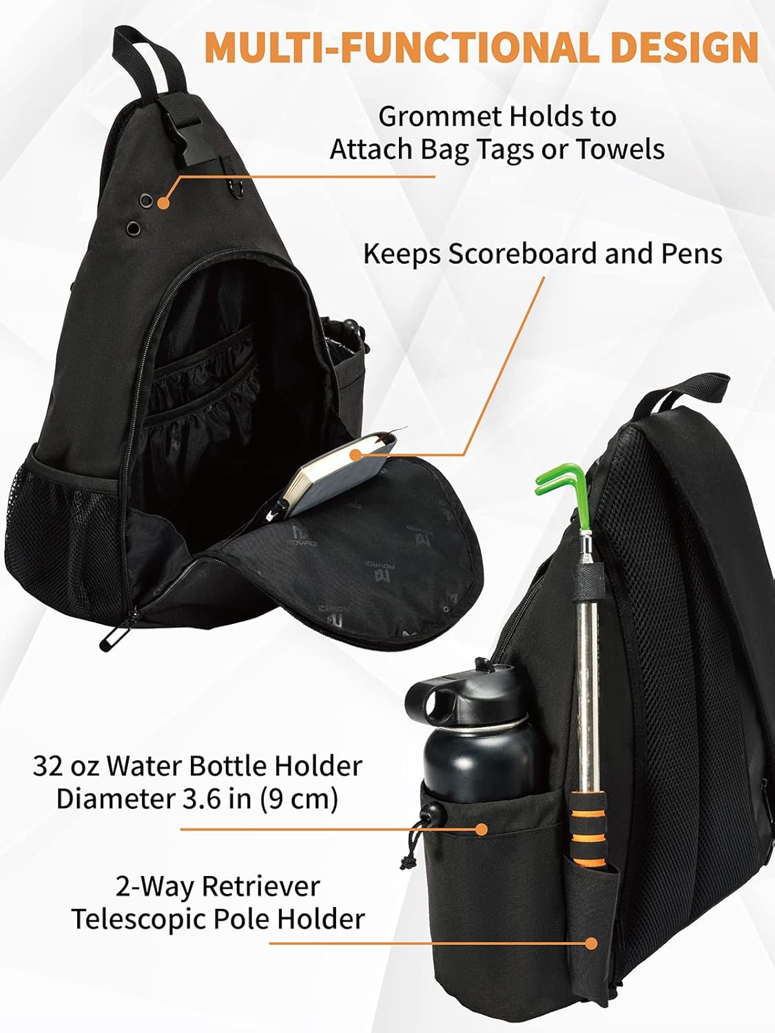 MOYAQI Disc Golf Bag with Retriever Holder and Storage Pockets, Disc Golf Backpack with 8-10 Disc Capacity, Padded Adjustable Strap and Back Panel, Lightweight and Durable