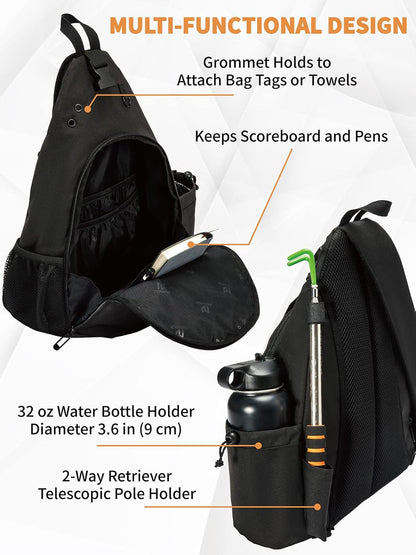 MOYAQI Disc Golf Bag with Retriever Holder and Storage Pockets, Disc Golf Backpack with 8-10 Disc Capacity, Padded Adjustable Strap and Back Panel, Lightweight and Durable