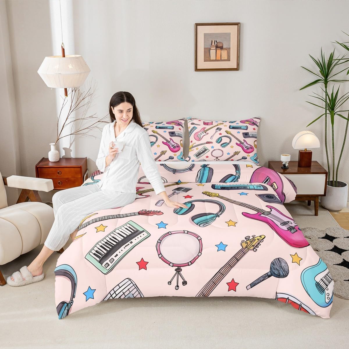 Erosebridal Drum Kit 3D Print Kids Comforter Sets Rock Music Themed Full Bedding Set for Boys Girls Musical Pattern Comforter Set,Colorful Retro Style Quilt Duvet 3 Pcs