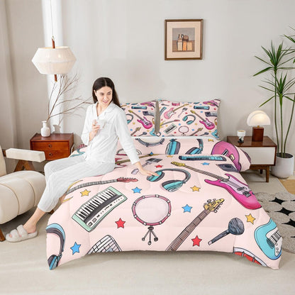 Erosebridal Drum Kit 3D Print Kids Comforter Sets Rock Music Themed Full Bedding Set for Boys Girls Musical Pattern Comforter Set,Colorful Retro Style Quilt Duvet 3 Pcs