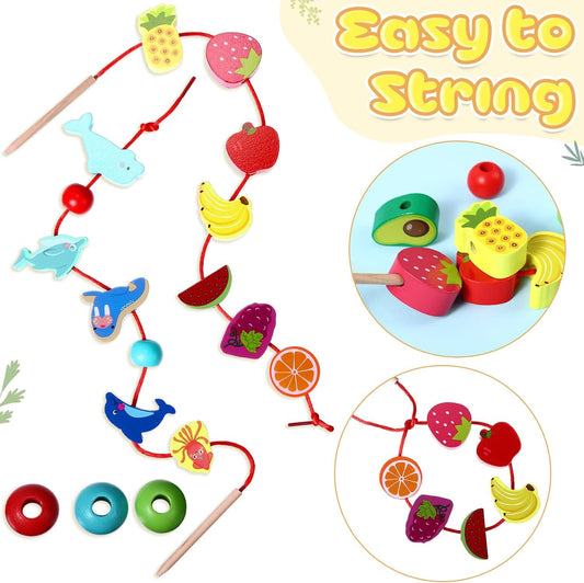 Shappy 139 Pcs Montessori Educational Wooden Lacing Beads Toys for Farm Animals Fruits Lacing Beads Stringing Fine Motor Skills Toy