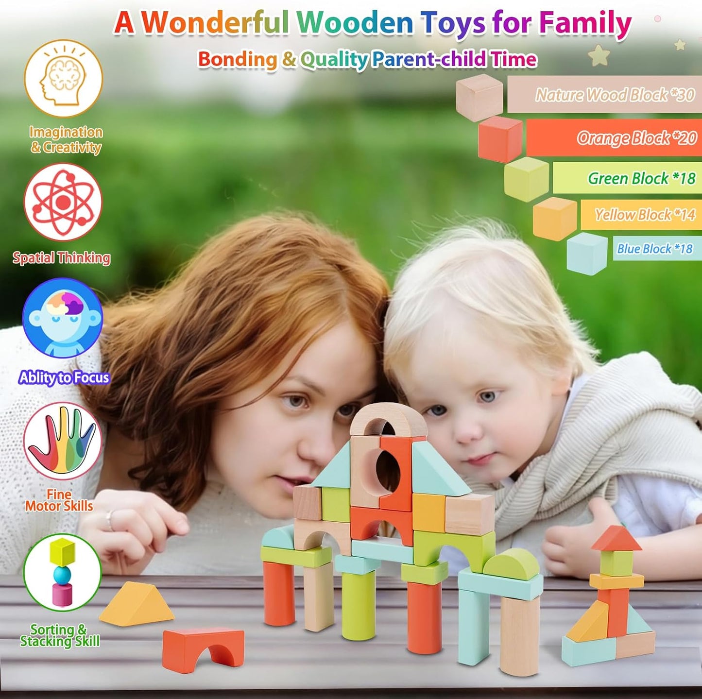 FCSONU Wooden Building Blocks for Toddlers 1-3, 100 Pcs Wood Blocks Set - Sorting & Stacking Toys with Storage and Lid, Kid Montessori Toys Ages 2+, Christmas 1st Birthday Gifts for Boys Girls Baby