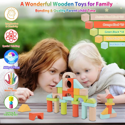 FCSONU Wooden Building Blocks for Toddlers 1-3, 100 Pcs Wood Blocks Set - Sorting & Stacking Toys with Storage and Lid, Kid Montessori Toys Ages 2+, Christmas 1st Birthday Gifts for Boys Girls Baby