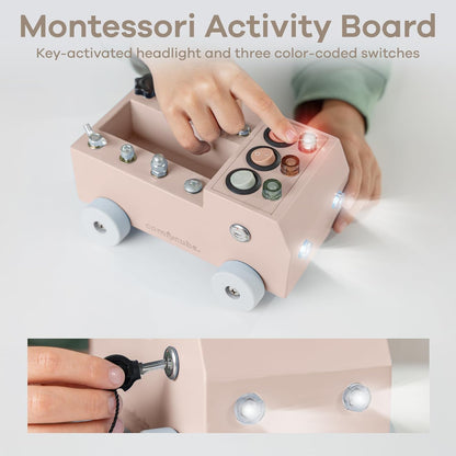 Comfy Cubs Busy Board Toy Truck Set - Fun & Noise-Free, Pine Wood Activity Board for Toddlers with LED Light Switch - Designed in The US, Focused & Engaging Montessori Play for Kids 3+ (Pacific Blue)