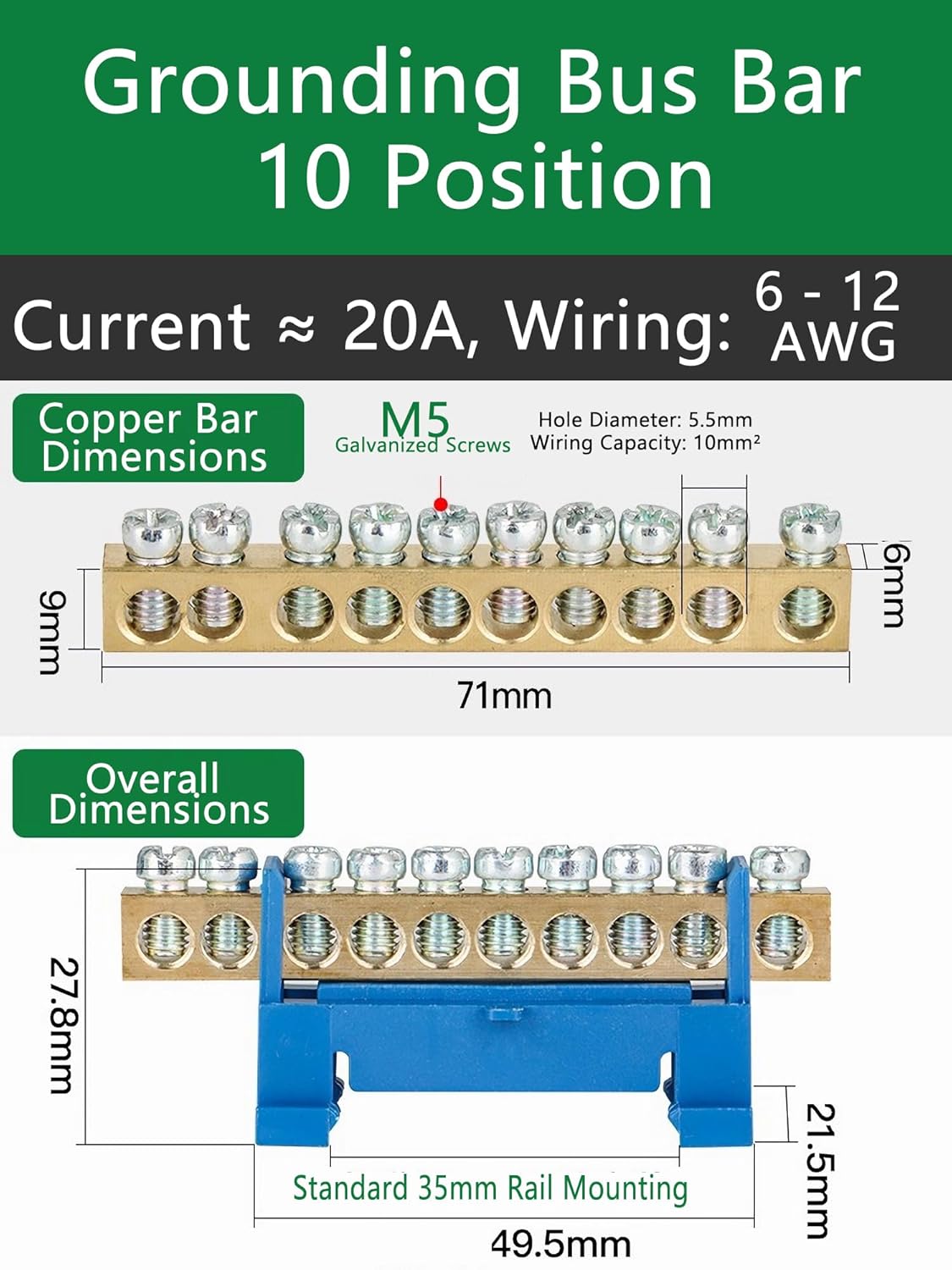 10 Positions Terminal Bus Bar Block 6 Pack Brass Wire Screw for Car Boat Marine Ground Power Distribution Grounding Electrical Bars Strip Block for 12V-110V, Blue