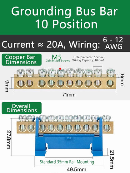 10 Positions Terminal Bus Bar Block 6 Pack Brass Wire Screw for Car Boat Marine Ground Power Distribution Grounding Electrical Bars Strip Block for 12V-110V, Blue