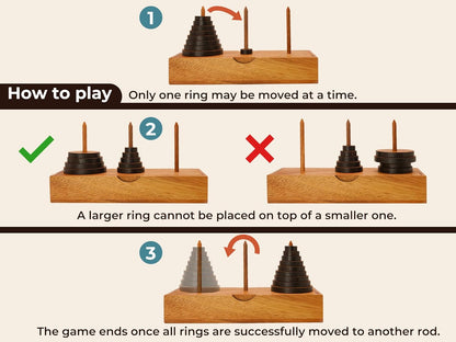 BSIRI Fun Puzzle Board Games Gifts of Hanoi Tower (9 Rings) with Wooden Designs for Brain Teasers Logic Games Kids and Adults to Challenges Mastermind Game and Think for Fun Learning Tower Puzzles