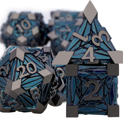 7PCS Metal DND Dice Set with Box, Debris RPG Blue White D and D Dice for D&D Tabletop Games Role Playing Game Polyhedral Dice Set D20 D12 D10 D8 D6 D4