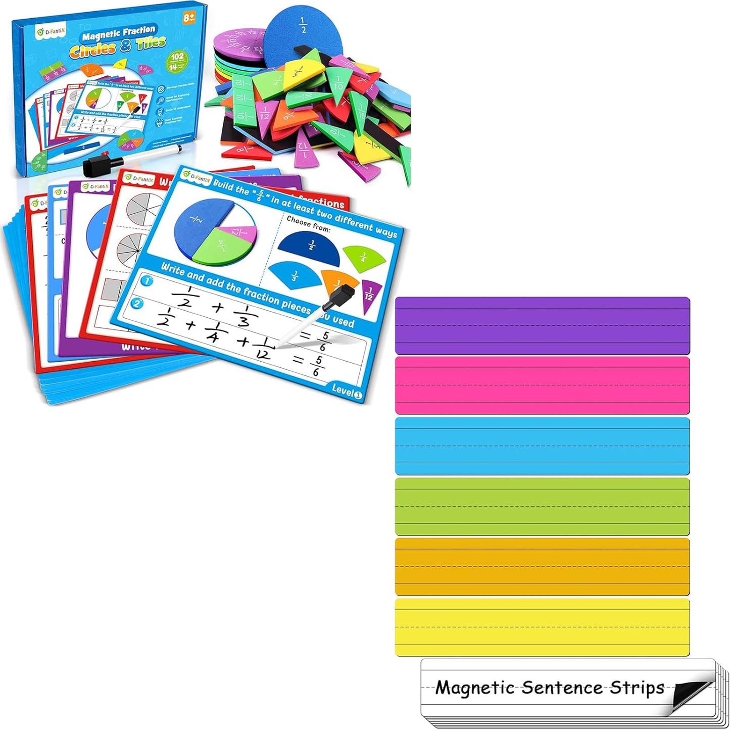 D-FantiX Magnetic Fraction Tiles & Fraction Circles Activity Set & 12 Pack Magnetic Sentence Strips for Teachers