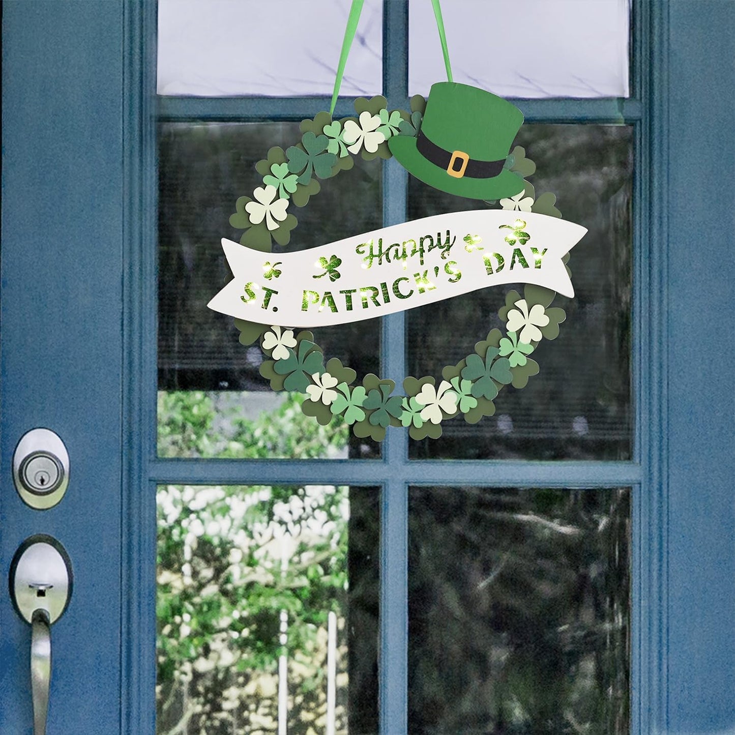 AOMOONOA Lighted St. Patrick’s Day Wreath for Front Door, Battery Operated Shamrock Wreaths with Timer, Wooden Foldable Wreath with Magnetic Word Signs for Irish Holiday Outdoor, Wall Decor