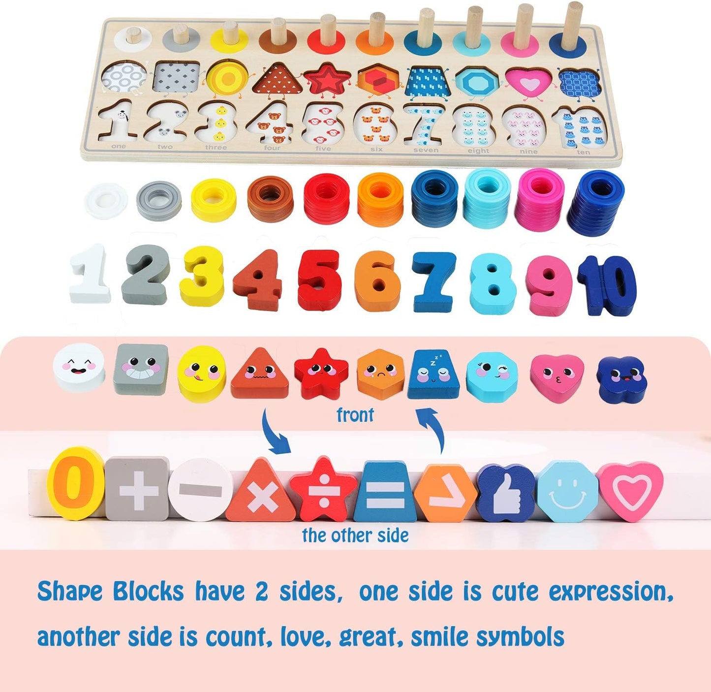QZMTOY Counting Shape Stacker Wooden Count Sort Stacking Tower with Wood Colorful Number Shape Math Blocks for Kids Preschool Educational Toddlers Toy