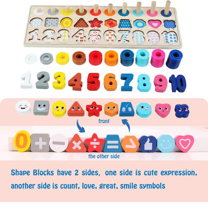 QZMTOY Counting Shape Stacker Wooden Count Sort Stacking Tower with Wood Colorful Number Shape Math Blocks for Kids Preschool Educational Toddlers Toy