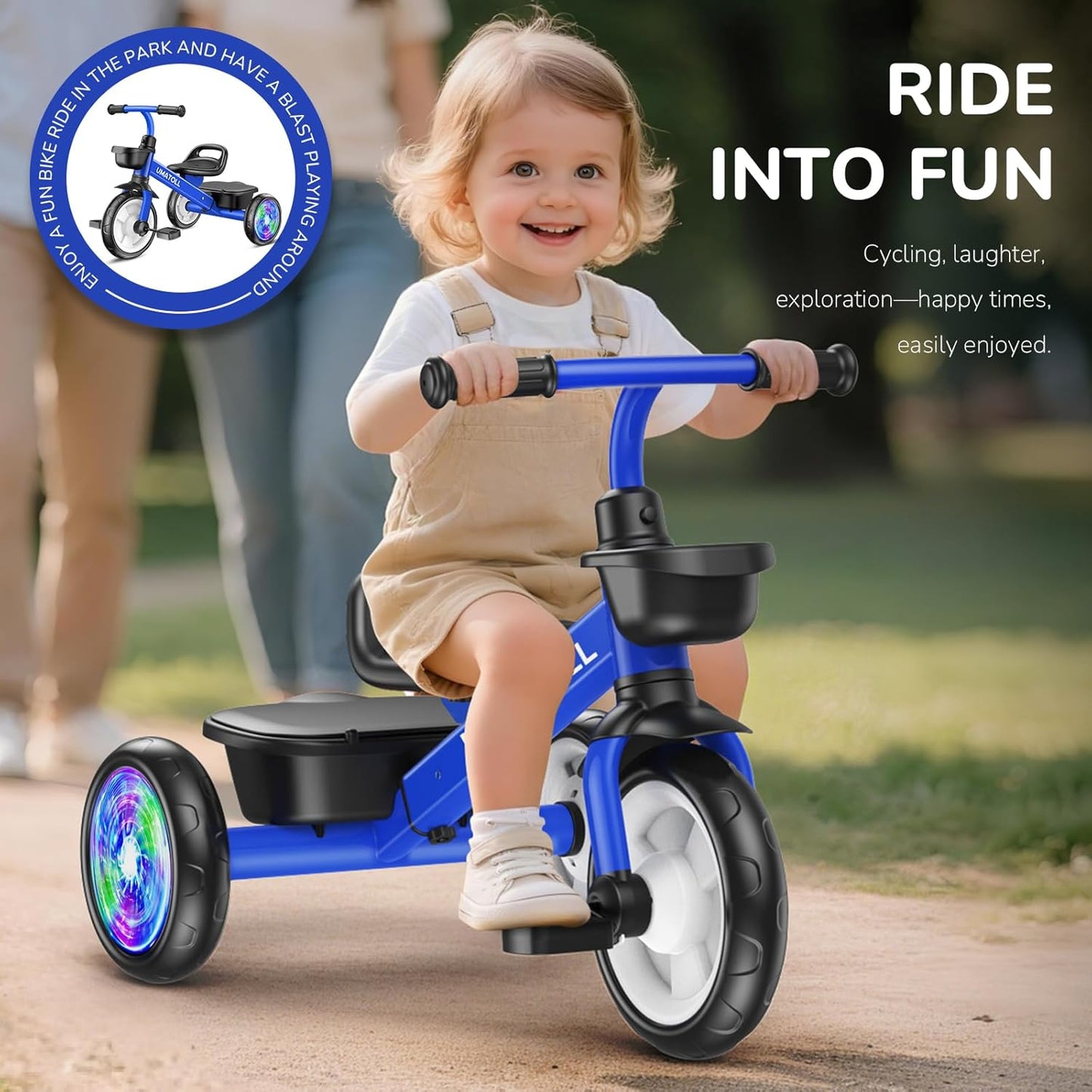 Umatoll Tricycle for Toddlers 2-5 Year Old, Ajustable Toddler Bike Outdoor Toys, Birthday Gift for Girl Age 2-4, Trike with Light up Wheels