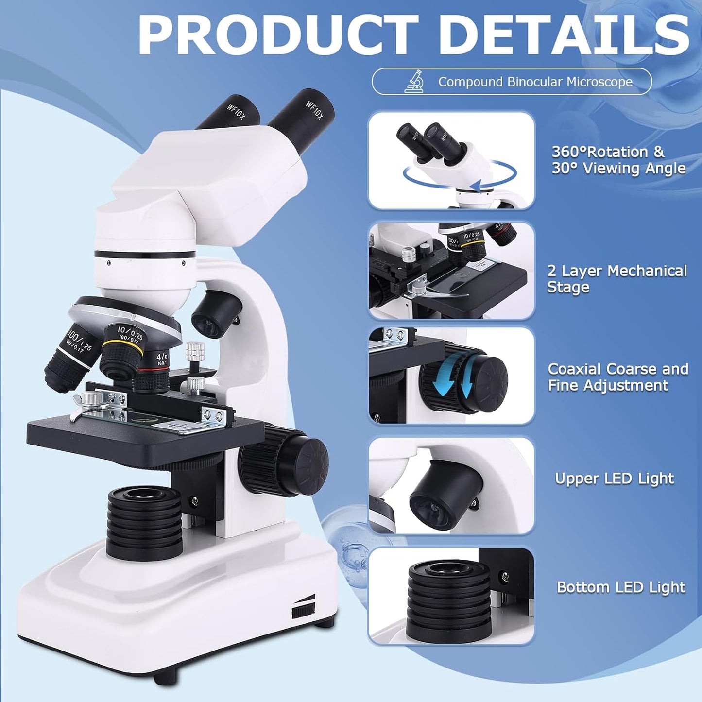 Microscope for Adults & Kids,40-2500X Binocular Microscope for School Lab & Home Schooling,with Mechanical Stages,Slides Set & Phone Holder