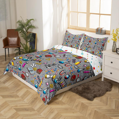 Laboratory Bedding Set Chemistry Lab Duvet Cover For Kids Teen Boys Girls Test Tube Microscope School Graffiti Comforter Cover Chemical Elements Science Theme Bedclothes 2Pcs Twin Size Gray