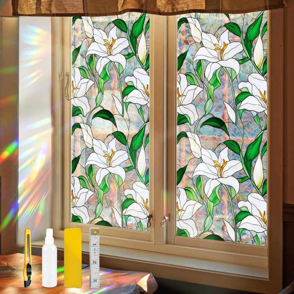Flower Stained Glass Window Film Decorative Static Cling Stickers Sun Blocking Privacy Decals for Home Car White Lily