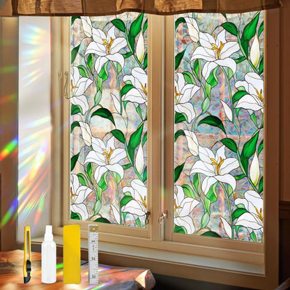 Flower Stained Glass Window Film Decorative Static Cling Stickers Sun Blocking Privacy Decals for Home Car White Lily