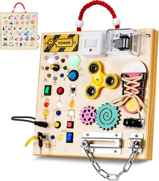 Montessori Wooden Busy Board Toys for 1 2 3 Boys Girls,Toddler Sensory Educational Fidget Board Travel Toy with LED Light Up Switches & Music Boxes, Locks for Kids Gifts