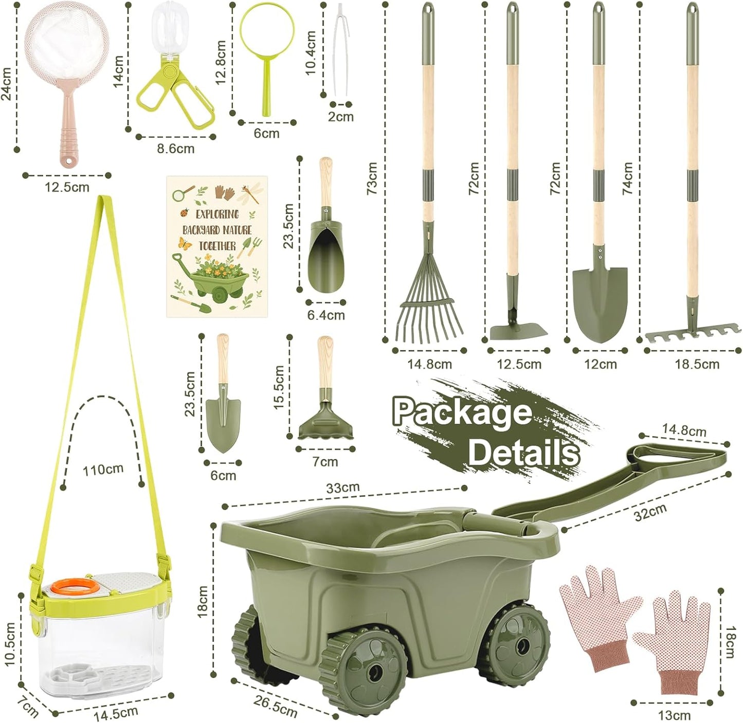 Dreamon Kids Gardening Tools & Bug Catcher Kit, 2-in-1 Outdoor Toys with Wheelbarrow and Bug House, STEM Educational Toys for 3 Year Old, Birthday Gifts Outdoor Gifts for Kids 3-5, Green
