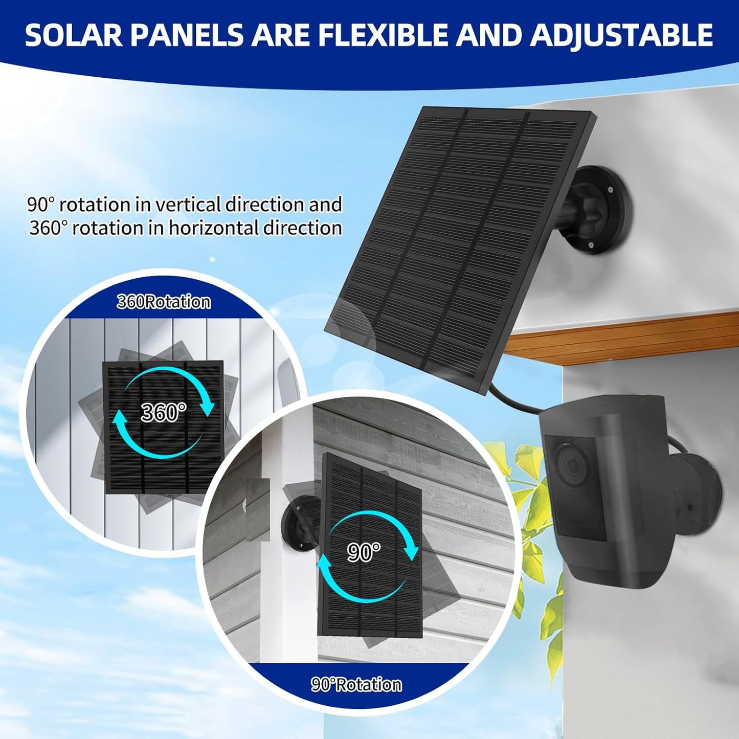 Solar Panels for Ring Camera Outdoor (New Generation) 5W 5V Solar Panel Charger with USB-C&Plug for Spotlight Cam Plus&Stick Up Cam Pro.Waterproof IP65 360°Adjustable 2M Cable (Black, 1)