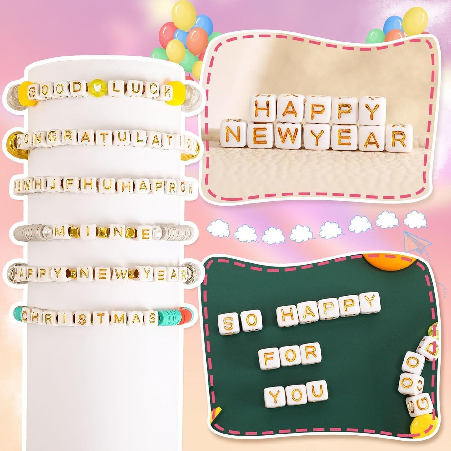 Letter Beads, Augshy 1400 Pcs Morandi Cube Alphabet Bead,Square Letter Beads with 1 Roll 10M Crystal String Cord (6mm)