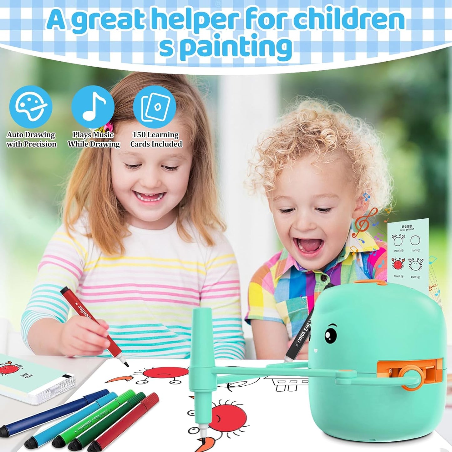 Drawing Robot for Kids with 150 Learning Cards and 17 Colorful Pens, Voice Interactive Educational Smart Art Painting Machine, Step-by-Step Drawing Guidance for Boys Girls Early Learning & STEM Toys