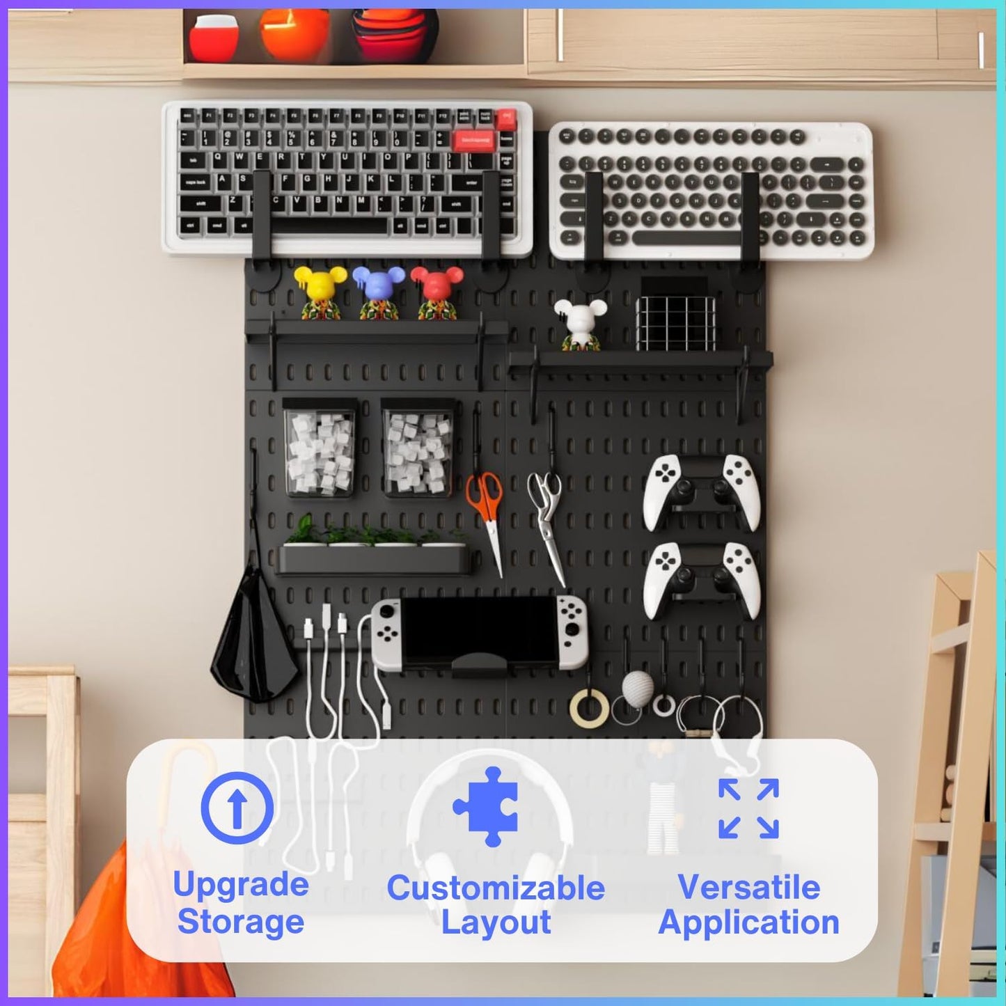 Keepo Peg Board Wall Organizer for Gaming Setup, Pegboard with Adhesives & Screw Mounts, Includes Peg Board Accessories for Gaming Accessories, Tech Storage & Office Organization (Black, 33″×22″)