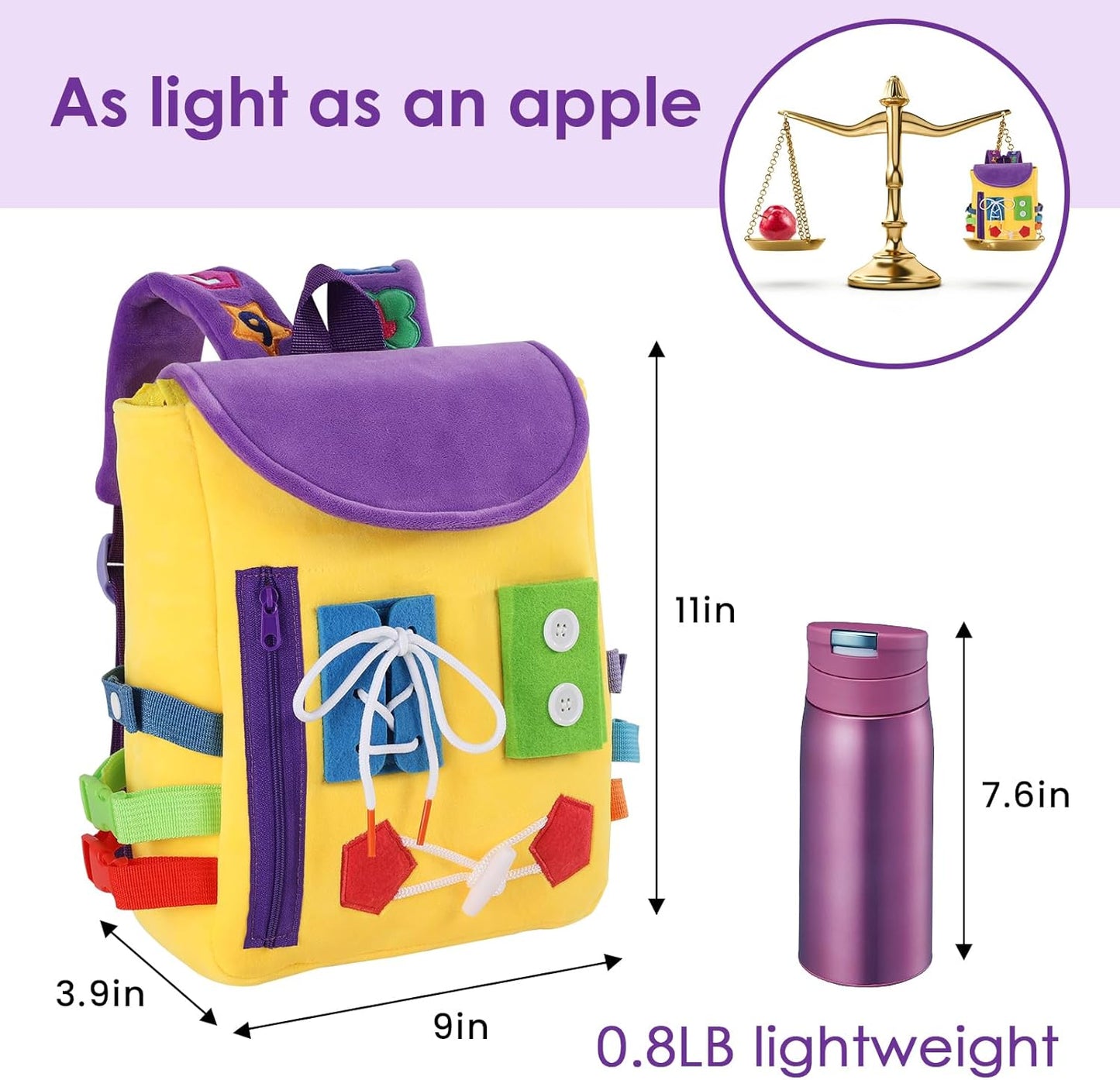 Busy Board - Toddler Backpack with Buckles and Learning Activity Toys - Develop Fine Motor Skills and Basic Life Skills - Learn to Tie Shoes - Children's Travel Toy