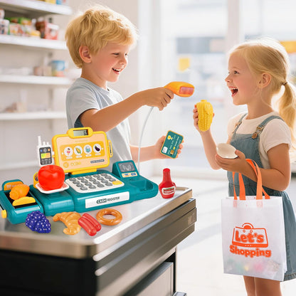 Cash Register Toy for Kids,Toddler Pretend Play Store with Real Calculator,Scanner,Play Food, Money & Credit Card,Supermarket Checkout Set, Math Skills Learning Toys,Birthday Gift for Boys Girls-Red