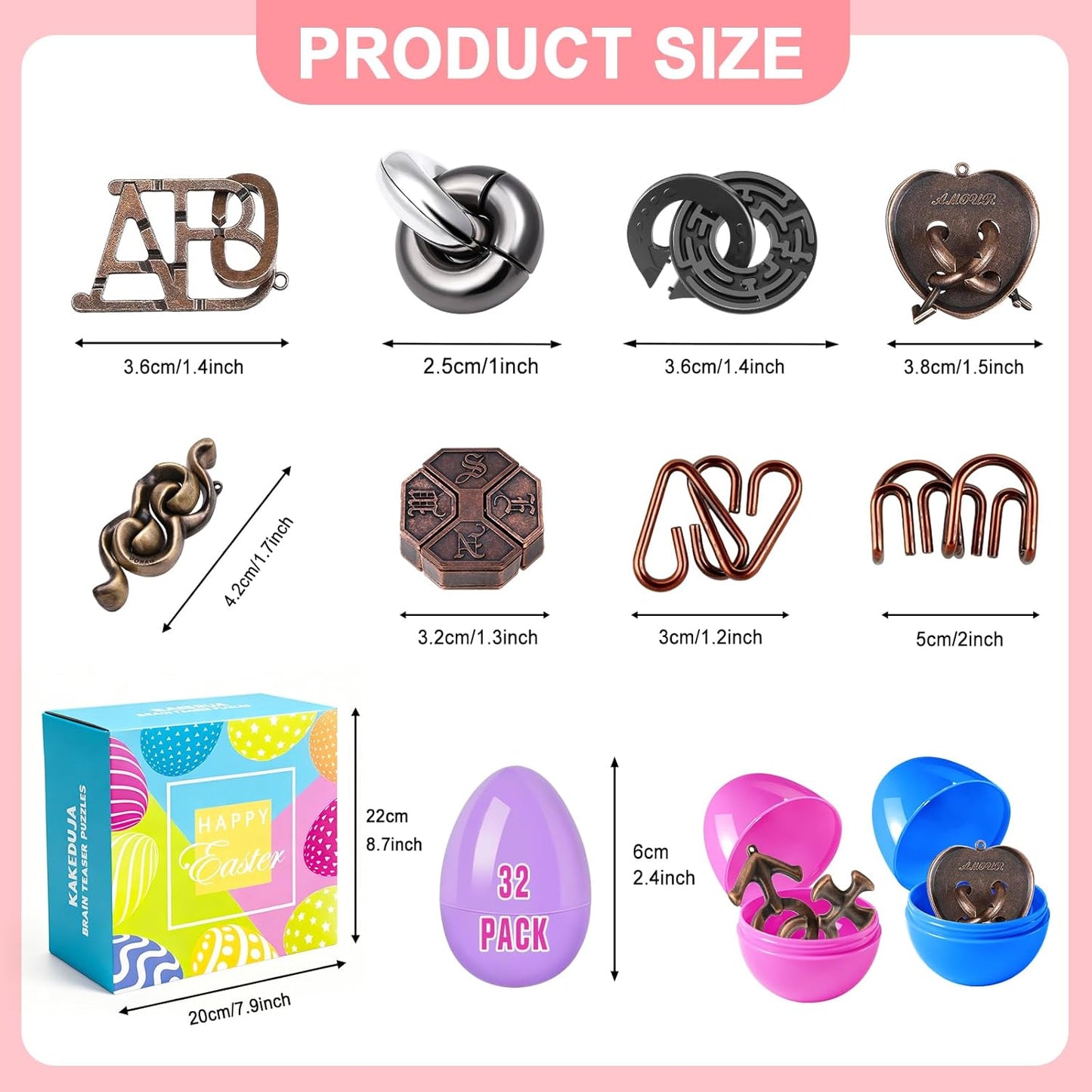 32 Pack Brain Teaser Puzzles & Colorful Easter Eggs - Challenging Metal Wire Puzzles for Kids & Adults - DIY Easter Basket Stuffers, Family Logic Games, Party Favors