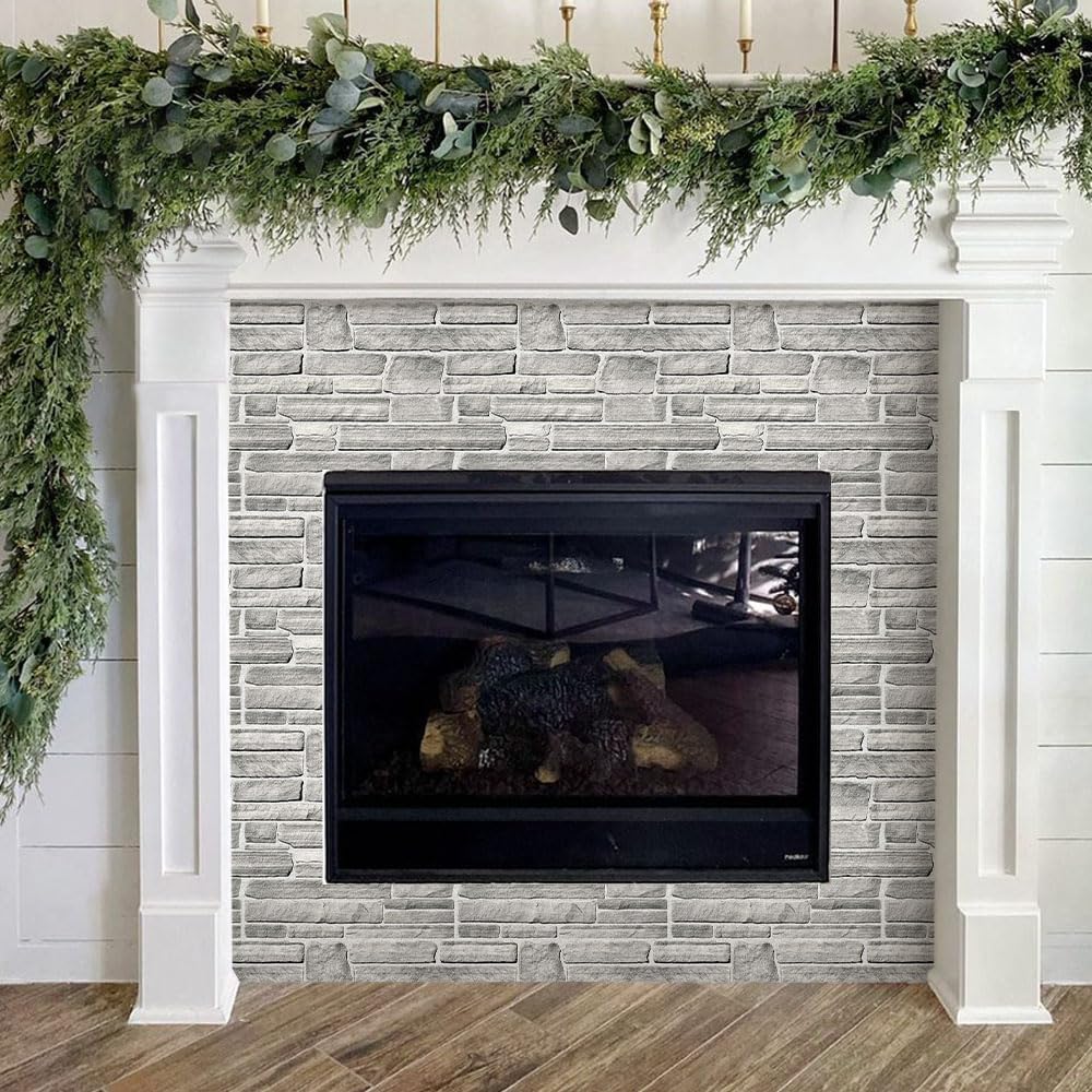 COMSTICKC 3D Faux Gray Stone Wall Sticker Peel and Stick Wall Panels,10 Pcs of 12"X12",Ultra-Light Thin PVC Decorative Tiles Rocks Stone Backsplash Interior Decor,Paintable