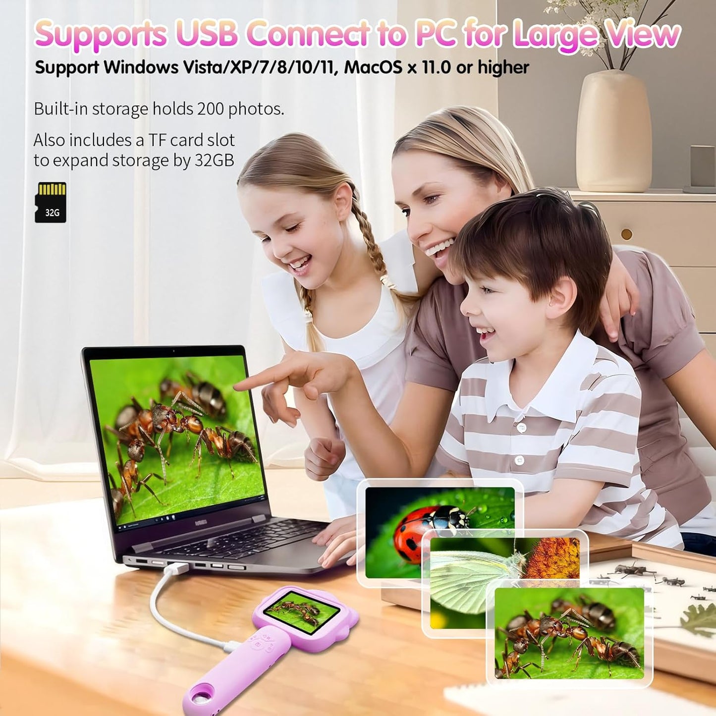 Microscope for Kids – Kid Mini Microscopes with 32GB SD Card, 500x Magnification, Fixed Focus & Prepared Slides, STEM Educational Science Kit for Children (Purple)