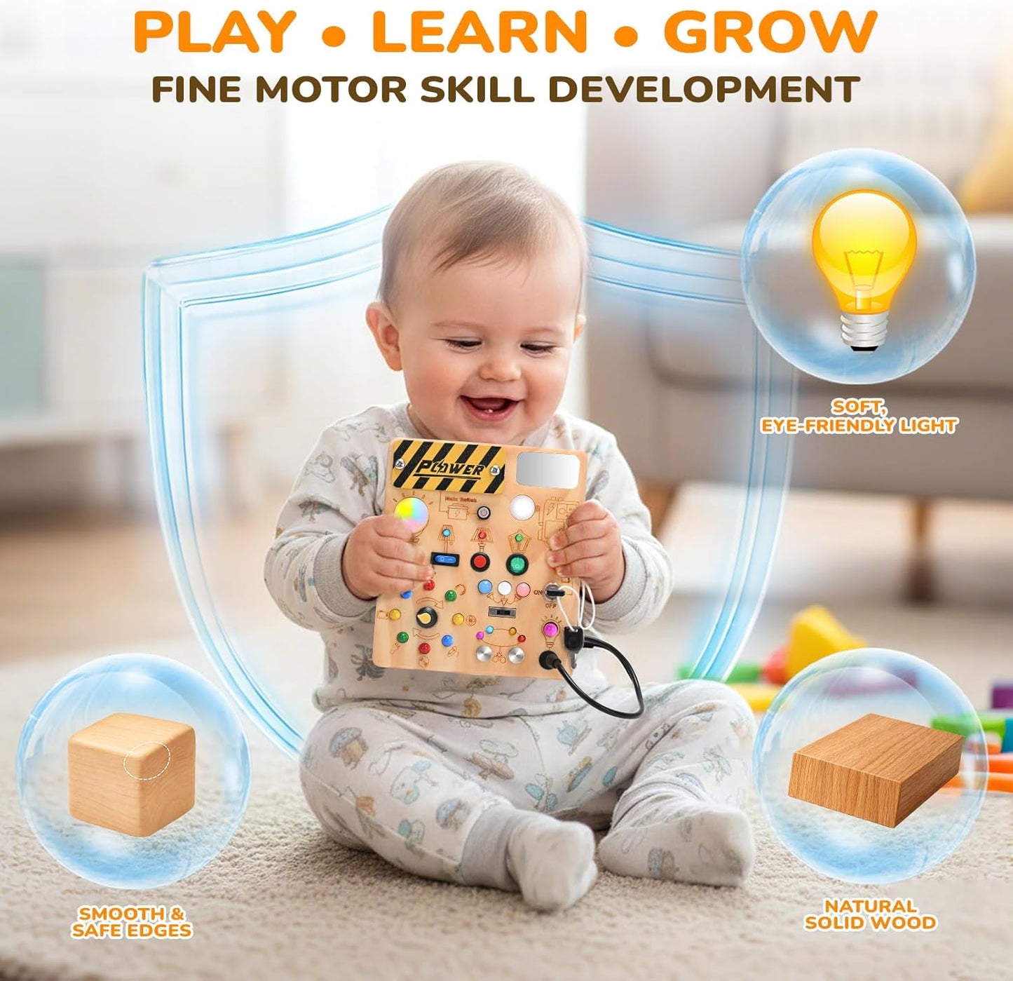 LED Busy Board for Toddlers - Montessori Sensory Toy with 10 Switches & 19 Lights, Wooden Activity Board for Fine Motor Skills, Ideal Educational Birthday Travel Toy Gift for 1 2 3 Year Old Boys Girls
