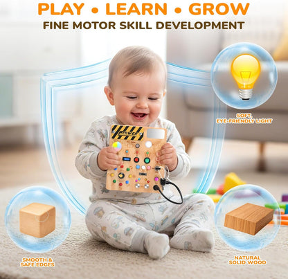 LED Busy Board for Toddlers - Montessori Sensory Toy with 10 Switches & 19 Lights, Wooden Activity Board for Fine Motor Skills, Ideal Educational Birthday Travel Toy Gift for 1 2 3 Year Old Boys Girls