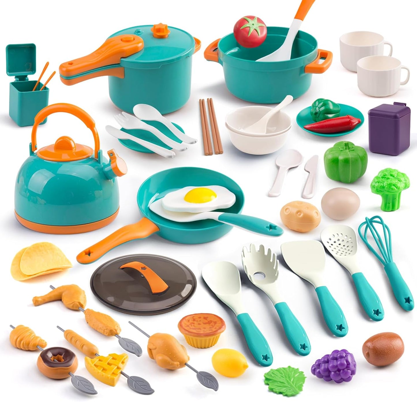 60Pcs Kids Mini Play Kitchen Accessories, Pretend Cooking Play Set with Cookware, Tableware & Fruit & BBQ Sets, Learning Gift for Boys, Girls, Toddlers,Yellow