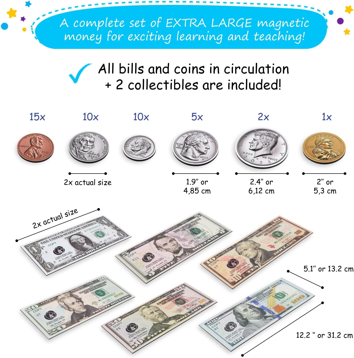 Simply magic 57 PCS Jumbo Magnetic Money - Large Play Money for Kids for Learning, Pretend Money for Classroom Teaching, Toy Money Class Money Set, Magnetic Coins, Money Games, Money Manipulatives
