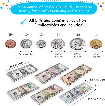 Simply magic 57 PCS Jumbo Magnetic Money - Large Play Money for Kids for Learning, Pretend Money for Classroom Teaching, Toy Money Class Money Set, Magnetic Coins, Money Games, Money Manipulatives