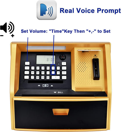 ATM Savings Bank with Debit Card, Electronic Piggy Bank for Real Money, Coin Recognition, Targets Setting, Password Login, Voice Prompt, Great Gift for Boys Girls (Golden/Black)
