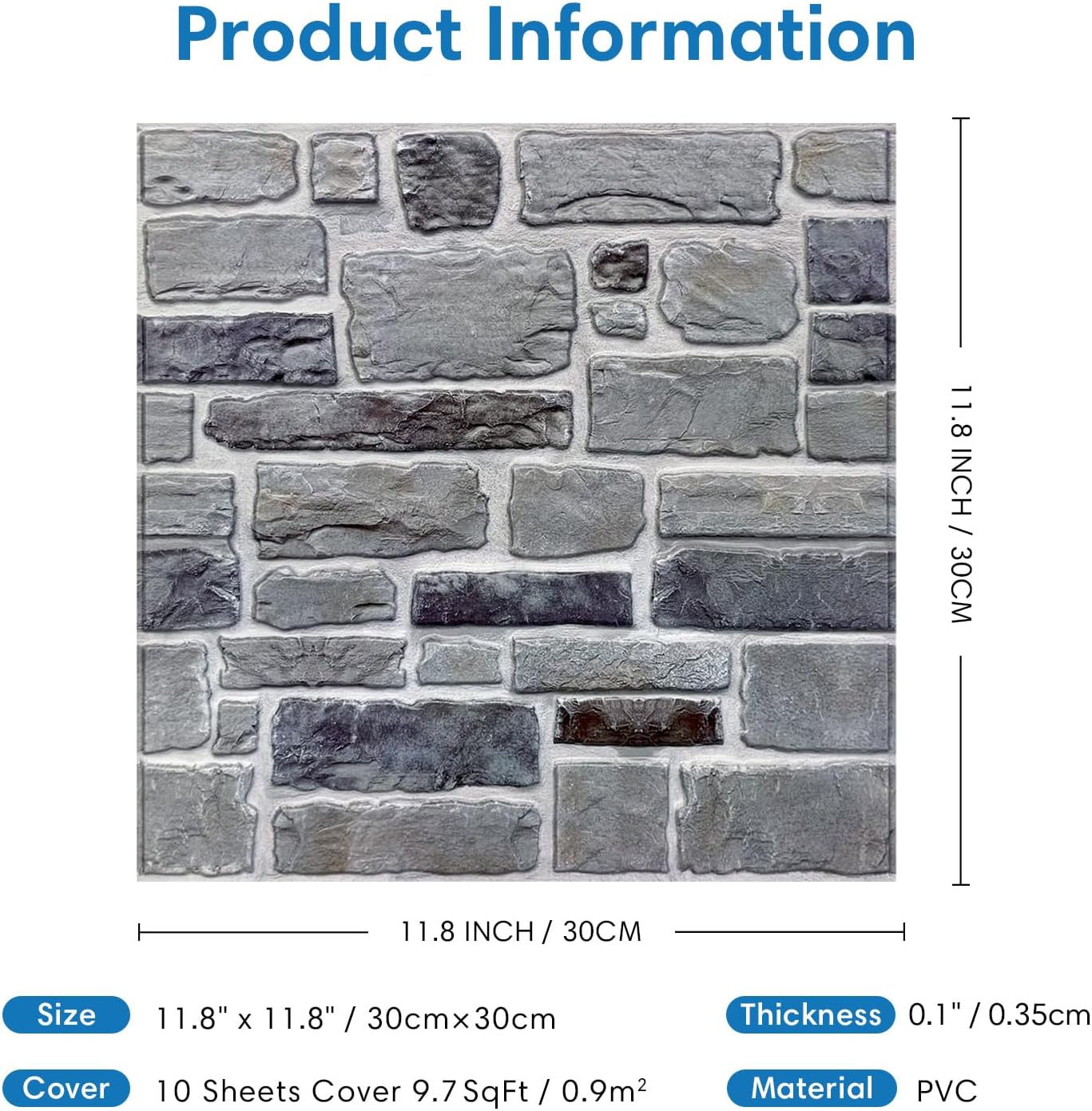 COMSTICKC 3D Faux Gray Stone Wall Sticker Peel and Stick Wall Panels,10 Pcs of 12"X12",Ultra-Light Thin PVC Decorative Tiles Rocks Stone Backsplash Interior Decor,Paintable