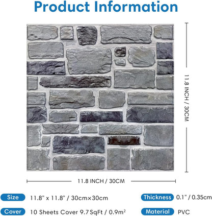 COMSTICKC 3D Faux Gray Stone Wall Sticker Peel and Stick Wall Panels,10 Pcs of 12"X12",Ultra-Light Thin PVC Decorative Tiles Rocks Stone Backsplash Interior Decor,Paintable