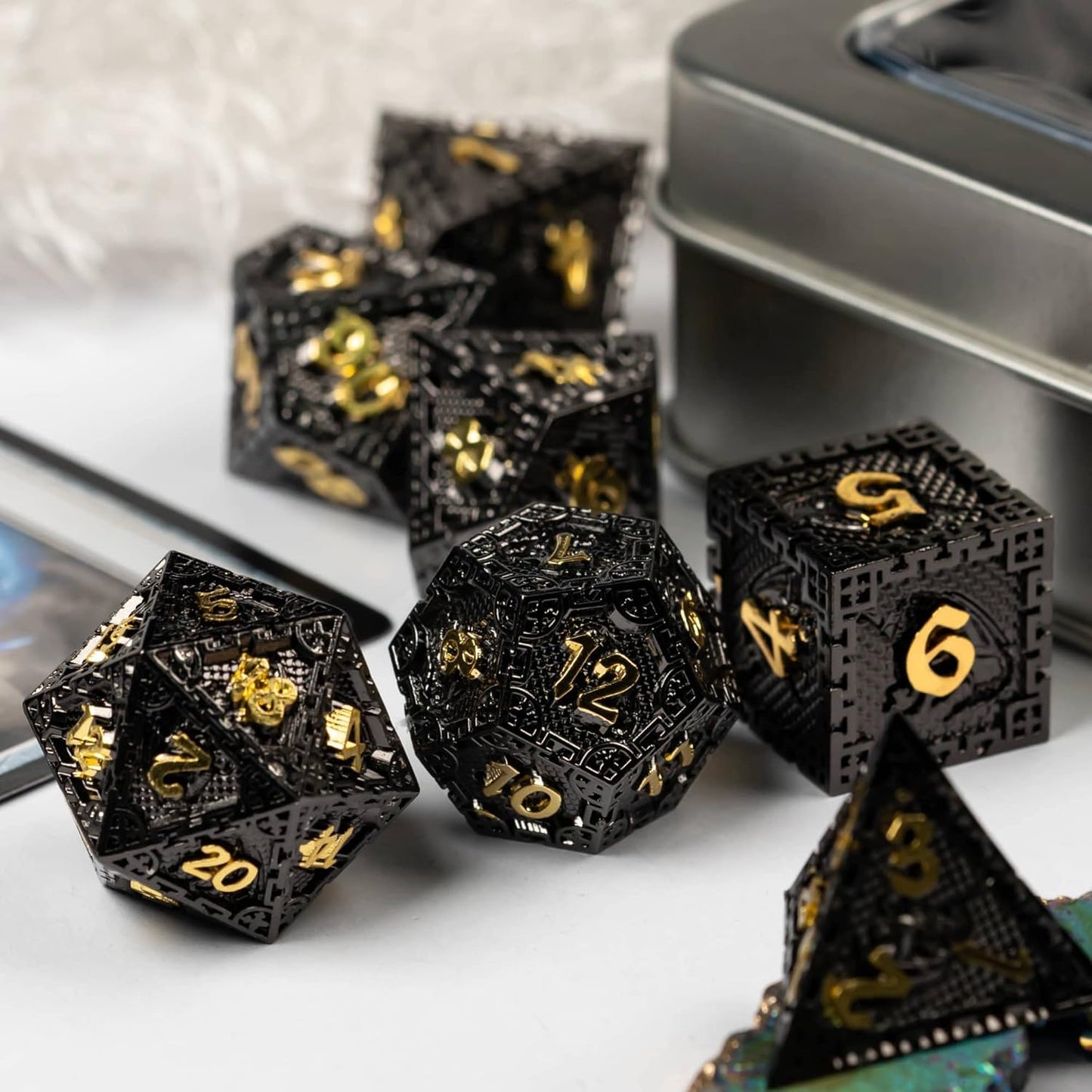 UDIXI Steampunk Metal Dice Set, 7 Die Polyhedral DND Dice Set for D&D Role Playing Game and Math Teaching (Ancient Copper)