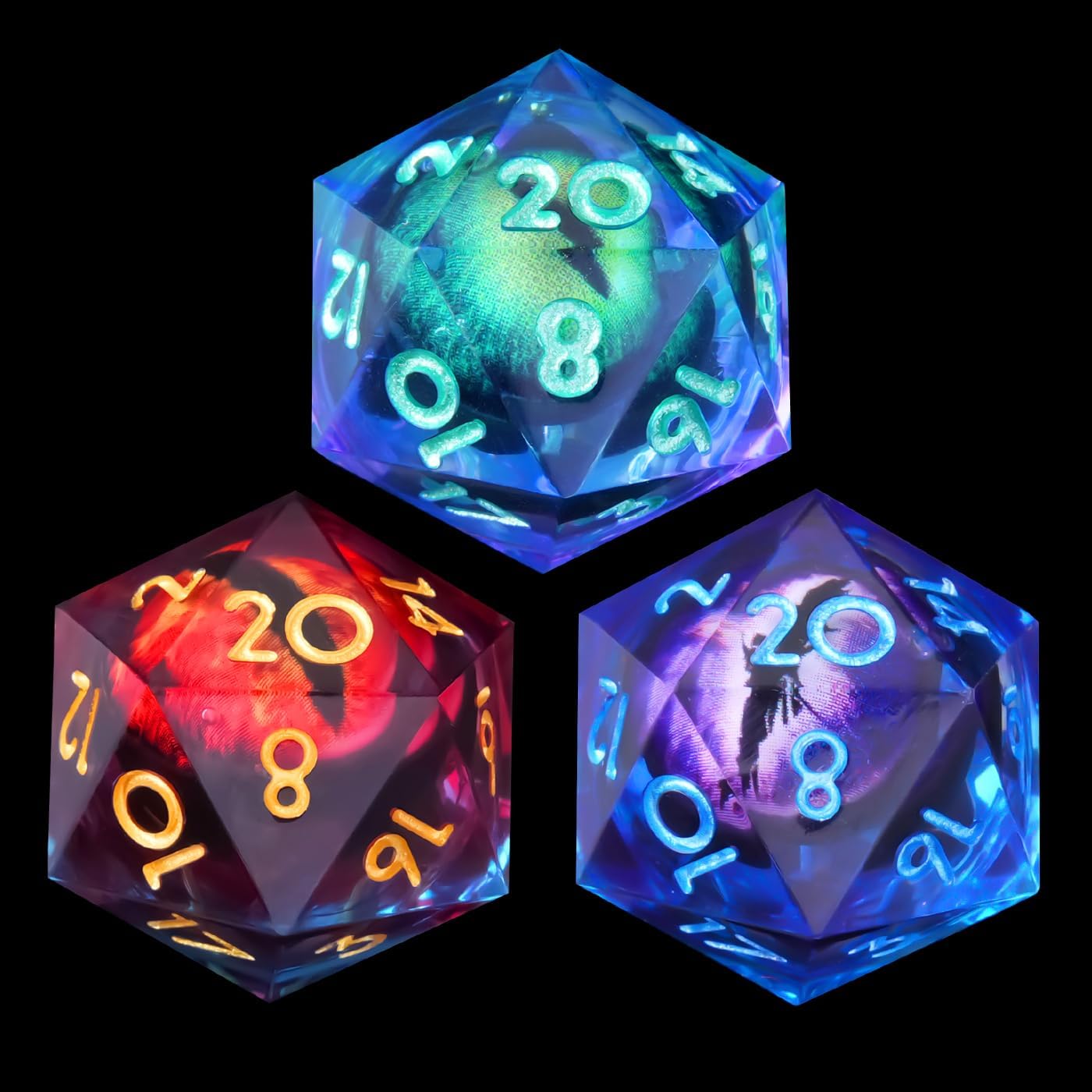 YEMEKO Beholder'S Eye D20 Dice Dragon Eye DND 22MM Single with Resin Sharp Edge 20 Sided D&D Handmade Polyhedral for Dungeons and Dragons, RPG, Roleplaying Games MTG Table Games(Blue Gold)