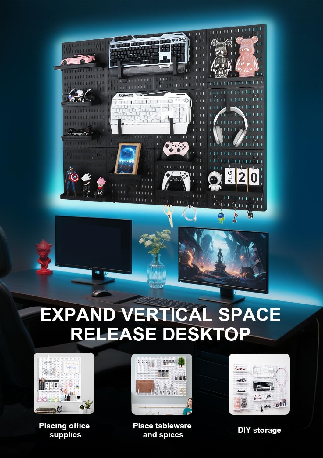 Pegboard Wall Organizer Kit – Heavy Duty 20lbs Load Bearing, Easy Installation, 4 Peg Board Panels 14 Accessories – Multi-Surface Use For Garage, Office, Kitchen & Crafts (White Pegboard,24″×24″)