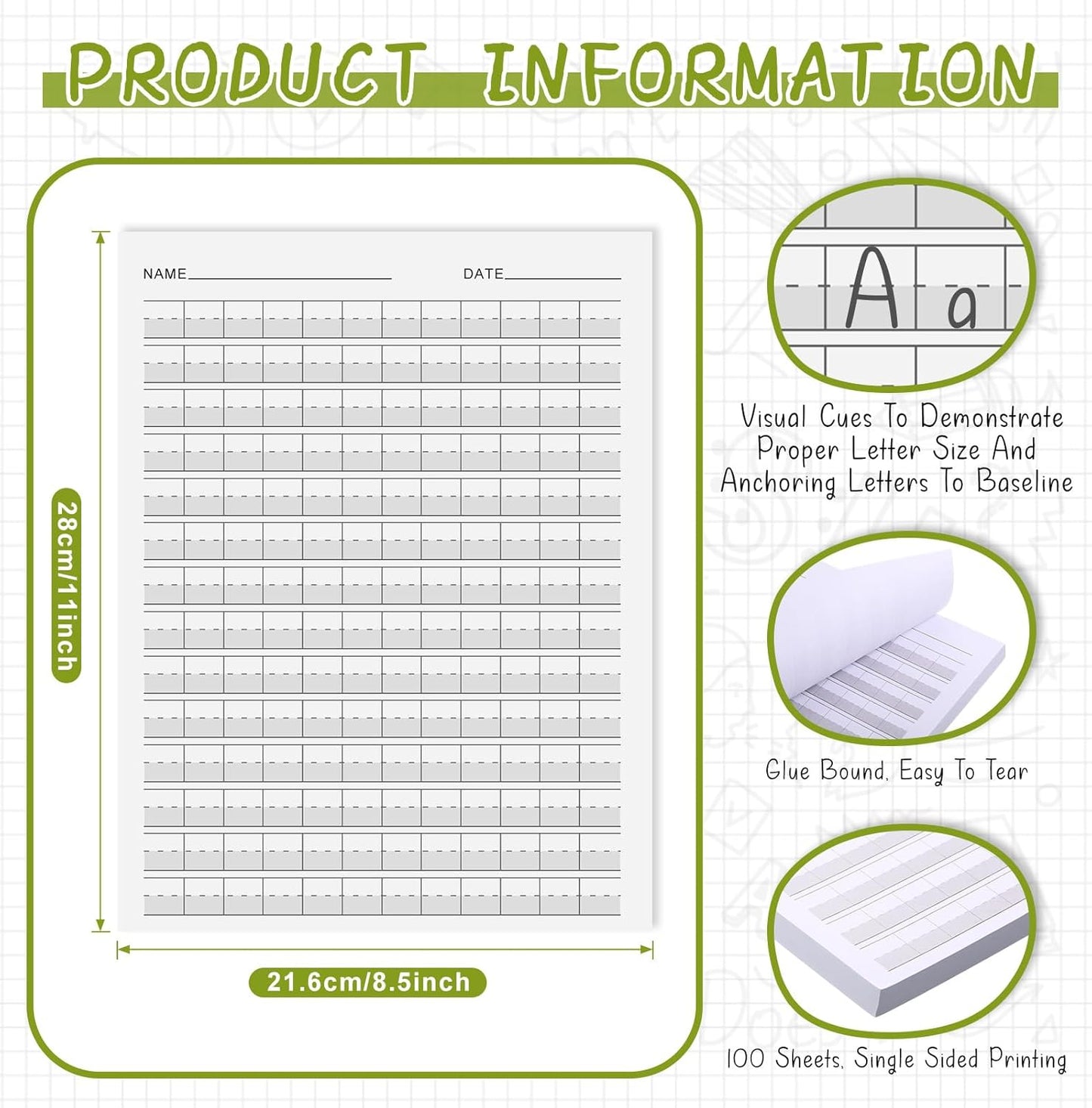 Eaasty 100 Sheets Write Beginner Paper Level 1 Paper Handwriting Practice Paper for Kids Practice Writing Paper with Lines and Gray Highlighted for Proper Letter Positioning,8.5" x 11"