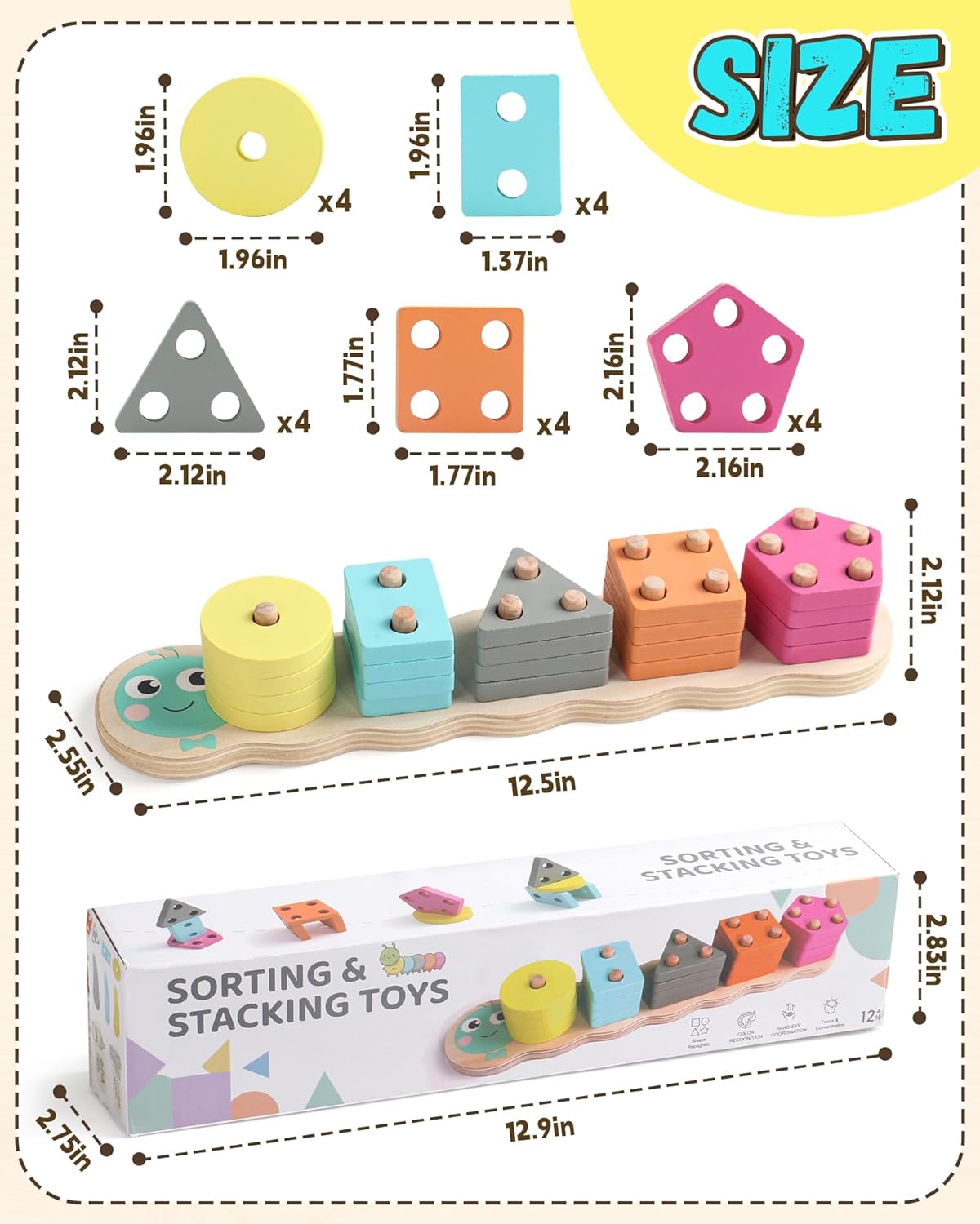 Zeewoo 1 Year Old Girl Boy Gifts Montessori Educational Toys for 1 2 Year Old Caterpillar Wooden Shape Sorter Stacking Toys for Toddlers 1-3 Preschool Learning Toy Birthday Gift