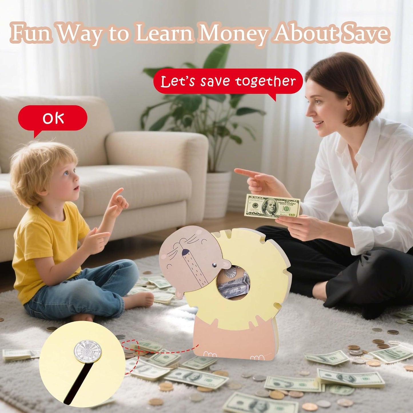 Wooden Globe Piggy Bank for Boys Kids Girls Clear Real Money Coin Bank Toy Toddler Birthday
