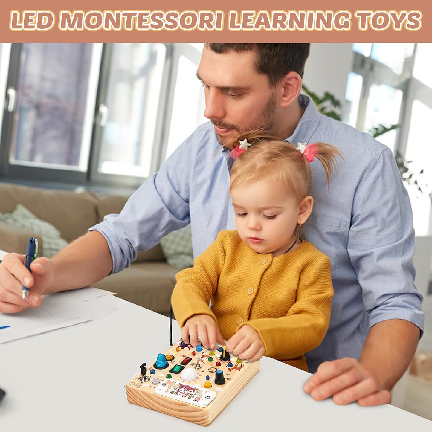Joyreal Wooden Busy Board with LED Light, Montessori Toddler Toys, Wooden Sensory Board, Toddlers Activity Travel Toys for Boy & Girl Birthday Gift (Farm Theme)