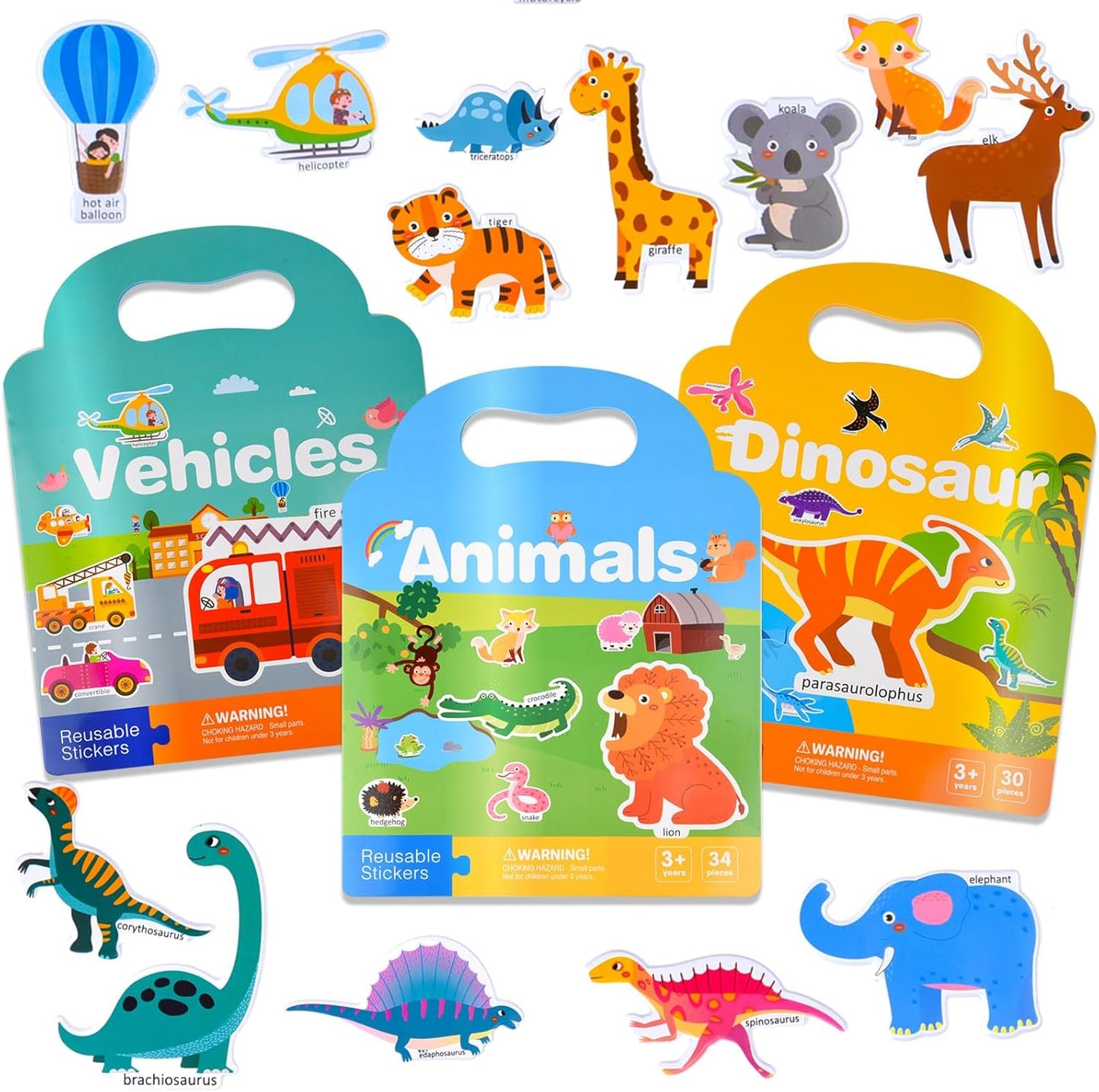 ASTARON Reusable Sticker Book for Toddlers, 88 Pcs Dinosaur Stickers Road Trip Activities Car Airplane Activities Travel Toys for Kids, Kids Quiet Time Activities (2-6 Age)