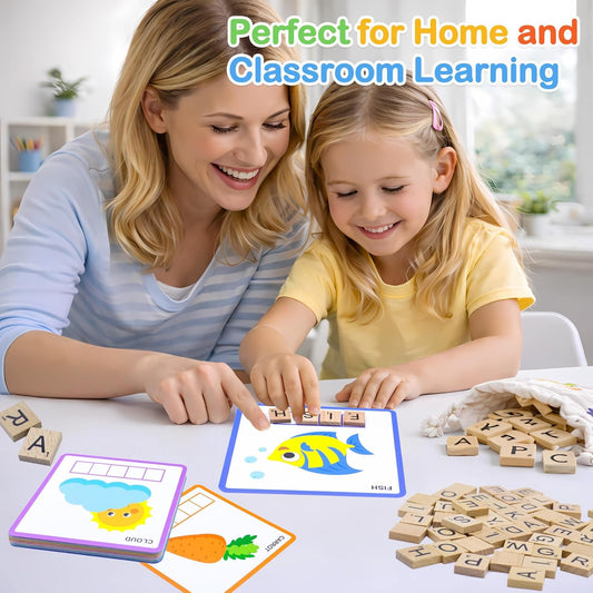 Spelling Game for Kids Ages 3-8, Word Building & Sight Word Games, Phonics Learning Toy with 100 Wooden Letter Tiles & 30 Double-Sided Flashcards, Preschool Kindergarten Early Reading Game